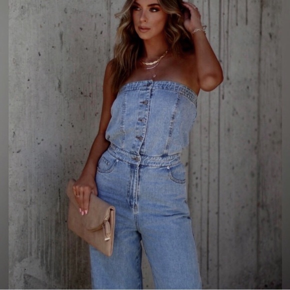VICI denim strapless jumpsuit w/front buttons & side pockets NEW I paid $ 107 - Picture 7 of 16